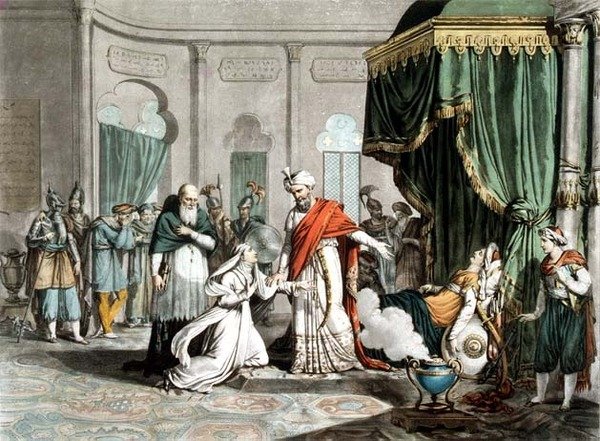 ピエール・ミシェル・アリックス（1762-1817）によって彫刻されたマレク・アデルの遺体をサラディンに求めるマチルダ（彫刻） 作： フランス語学校
