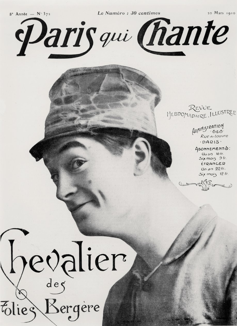 モーリス・シュヴァリエ、「Paris qui Chante」より、1910年3月30日（リトグラフ） 作： フランス語学校