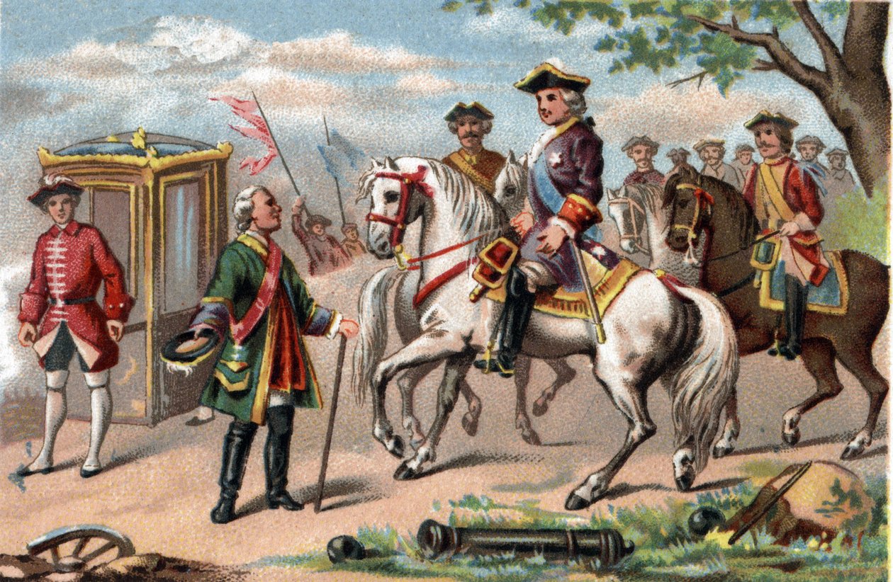 フォントノワの戦いで勝利したザクセン州の牧童モーリス（1696～1750年）が、フランスのルイ15世（1710～1774年）と対面。1890年頃のクロモリトグラフ。 作： フランス語学校
