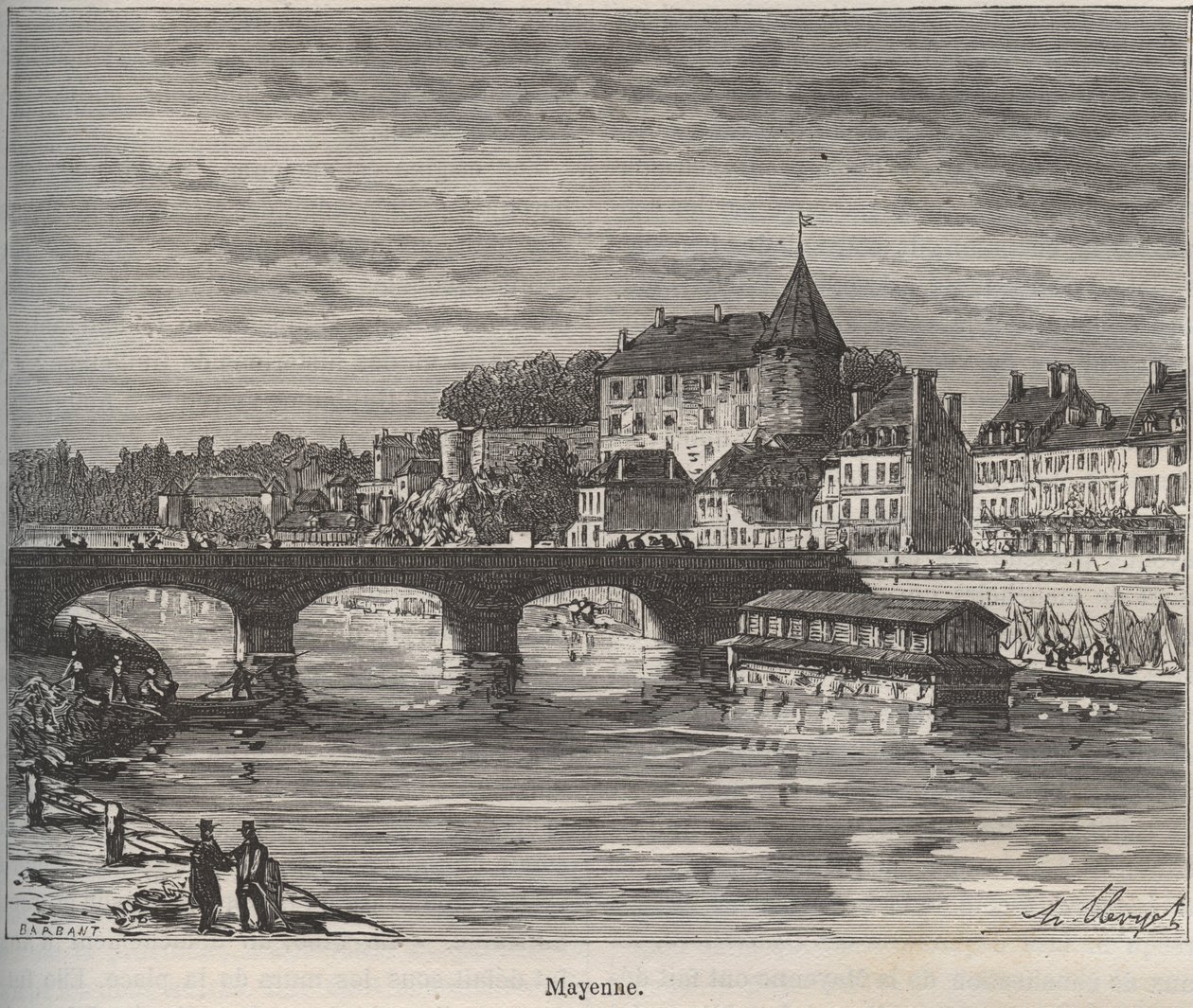 マイエンヌはフランス西部のペイ・ド・ラ・ロワール地方にあるコミューンで、V.-A.による「La France illustree: Geography, history, administration statistique」に掲載されている彫刻です。Malt-Brown著「La France illustree: geography, history, administration statistique」の版画。1884 作： フランス語学校