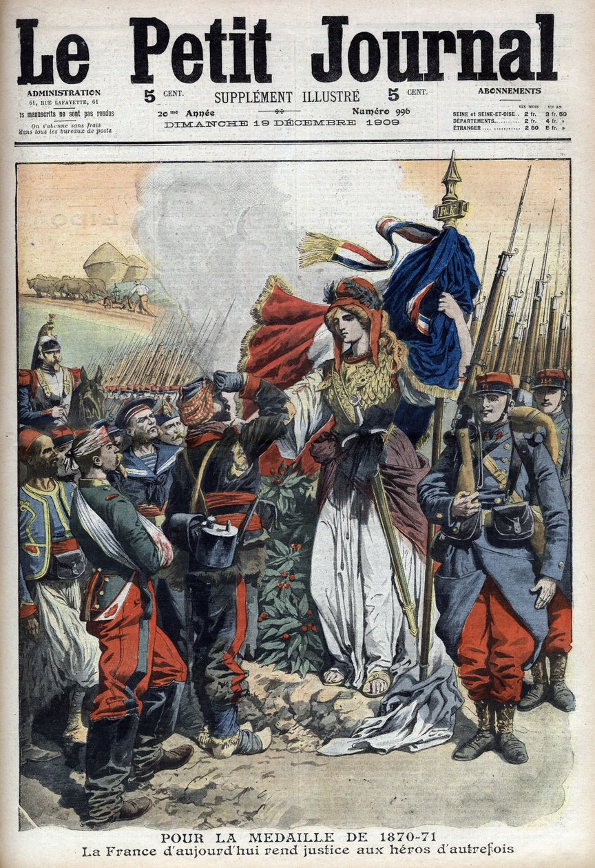 1870-1871年戦争の退役軍人へのメダル：過去の英雄たちに正義を与えるフランスの寓意 - 1909年12月19日付「Le Petit Journal」（彫刻 作： フランス語学校