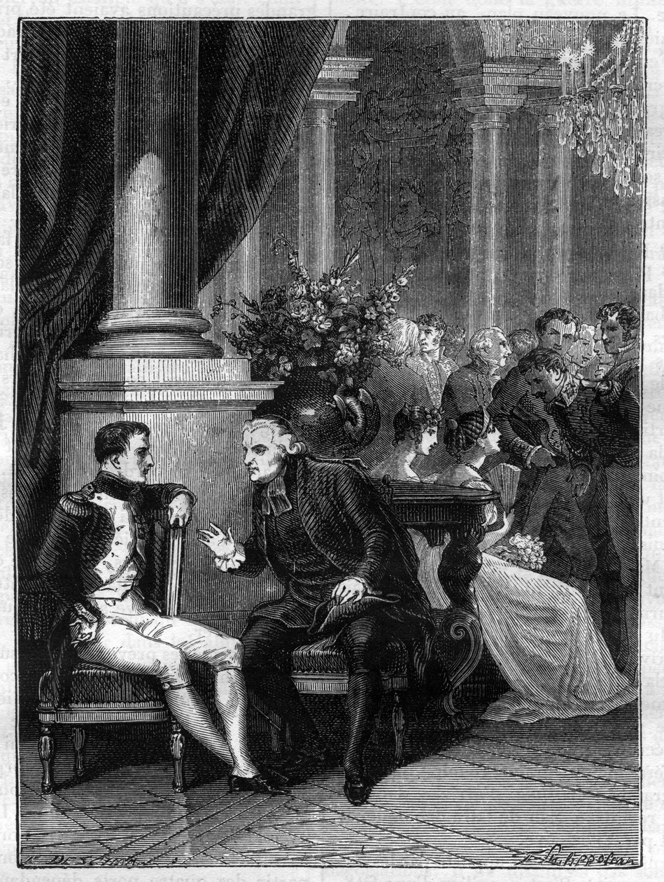ナポレオン1世とジャン・シフリン・モーリー枢機卿（1746-1817）とのイタリアのジェネス（ジェノバ）での会談 1805年 - アドルフ・ティエールの「領事の歴史に続く帝国の歴史」に掲載 - 1879年 - 個人蔵 作： フランス語学校