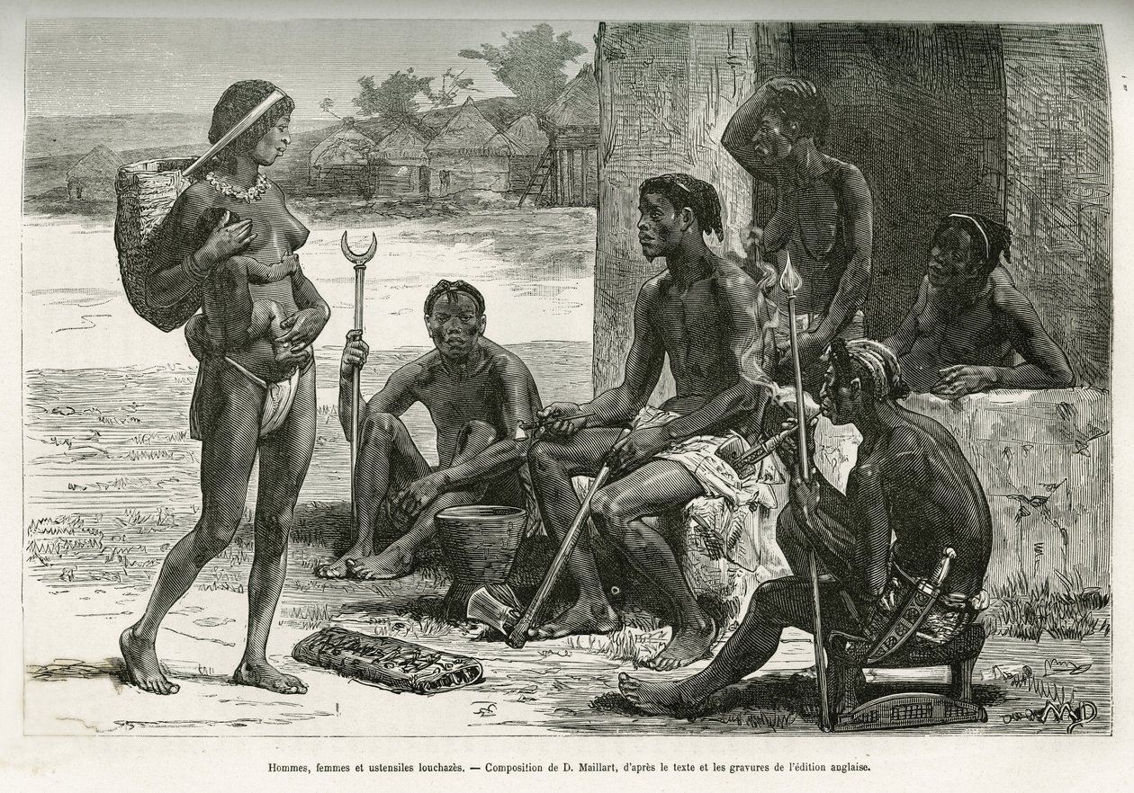 男と女と食器（ルワンダ、ビエ地方）。1877年から1878年にかけて、セルパ・ピント少佐が『Tour du monde』誌に発表した、大西洋からインド洋に至るアフリカ横断の物語を説明するためのD.Maillartによるエングレーヴィング。 作： フランス語学校