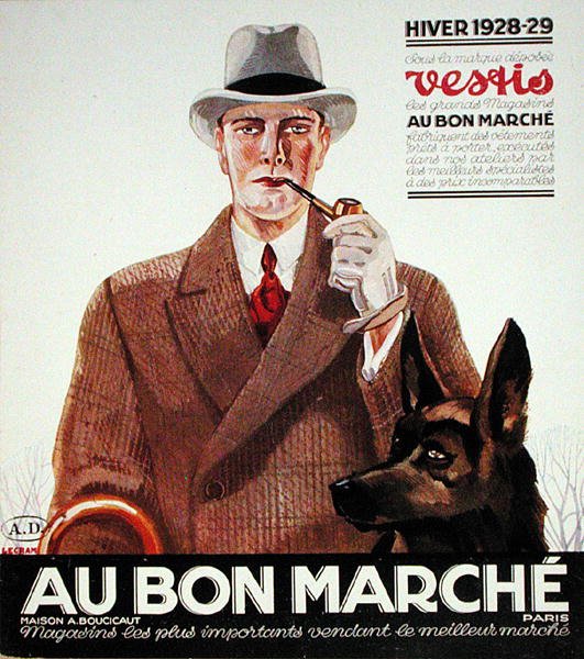 1928-29年冬、「オー・ボン・マルシェ」より、男性ファッション（カラーリトグラフ） 作： フランス語学校