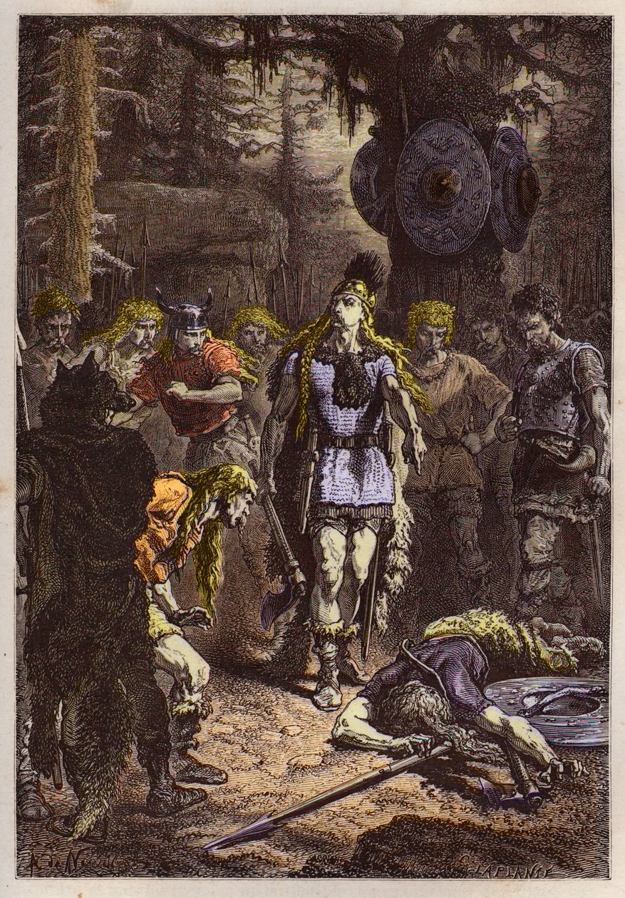 Merovingiens: Clovis 1er shooting down the soldier who was broken the vase of Soissons, en 486 - Clovis (465-511) and the frankish warrior who broke the vase of Soissons in 486 - engraving from "L