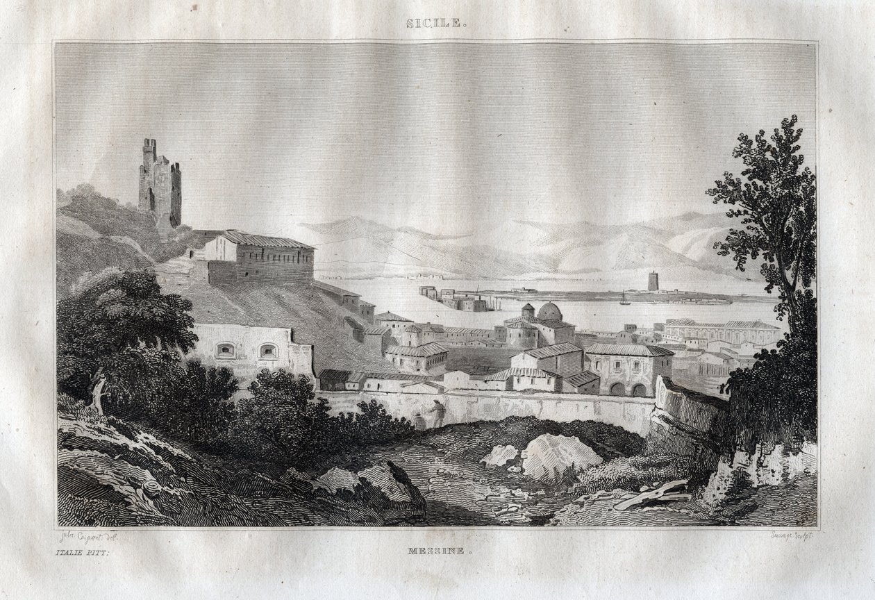 メッシーナ - Messina - Sicilia - Sicily - Sicilie - M. de Norvins, Ch. Nodier 1834-1836による "Italy Picturesque" - History and Descriptive Painting of Italyからのエングレーヴィング。 作： フランス語学校