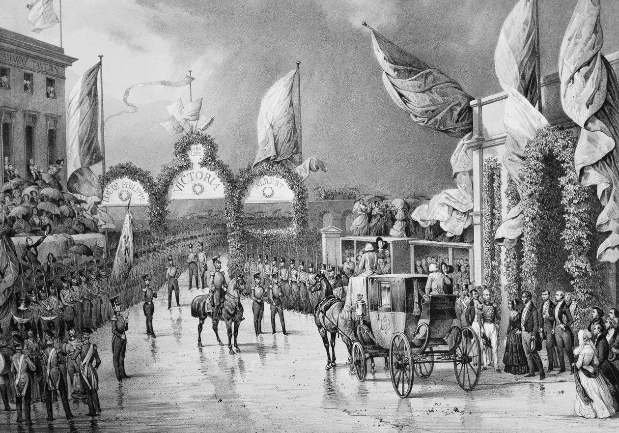 ゴスポートでの国王への軍事的栄誉 - フランス王ルイ・フィリップ1世（1773-1850）、プリンス・アルバート（1819-1861）、英国女王ヴィクトリア（1819-1901）が、ルイ・フィリップの英国への公式航海中のゴスポート駅にて（1844年） - ルイ・フィリップ 作： フランス語学校