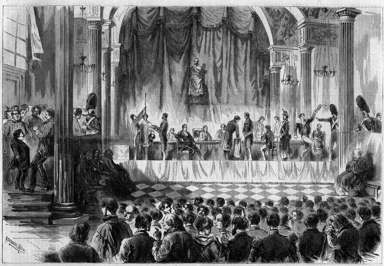 1858年の徴兵：パリのホテル・ド・ヴィレのサン・ジャンの部屋で行われた徴兵の抽選会。1858年2月13日付「Le Monde Illustré」44号に掲載された図版。 作： フランス語学校
