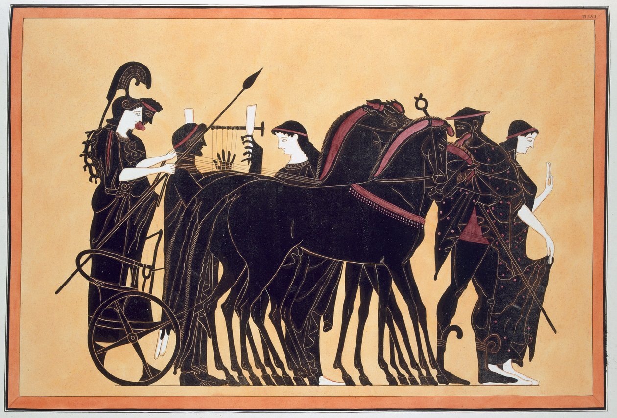1808-10年に公開された、従者との戦車に乗ったミネルバ 作： フランス語学校