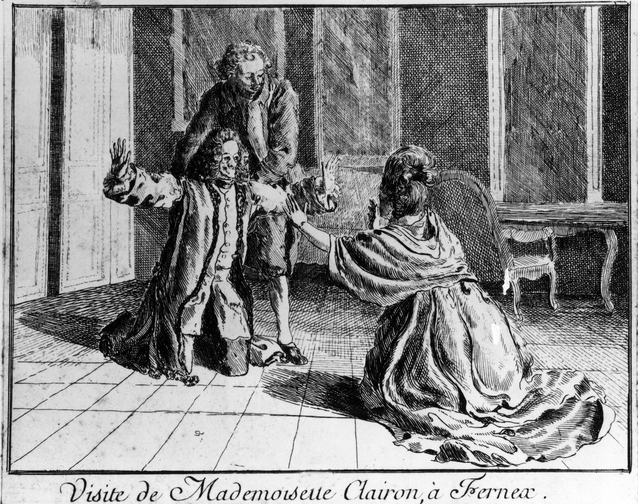 マドモアゼル・クレイロン（Mademoiselle Clairon Josephe Leris de La Ttude dit Mademoiselle Clairon（1723 -1803）フランスの女優で、ヴォルテールのファーニーを訪れた18世紀のエングレーヴィング。 作： フランス語学校