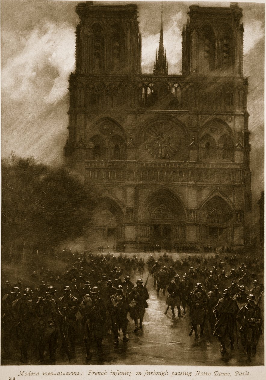 現代の武装勢力：1914〜19年、パリのノートルダムを通過するフランスの歩兵 作： フランス語学校