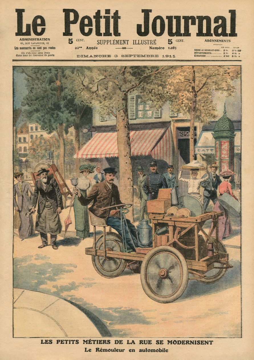 ストリートジョブの近代化、彼の車のナイフグラインダー、「Le Petit Journal」のイラスト、サプリメントイラストレーター、1911年9月3日（カラーリソ） 作： フランス語学校