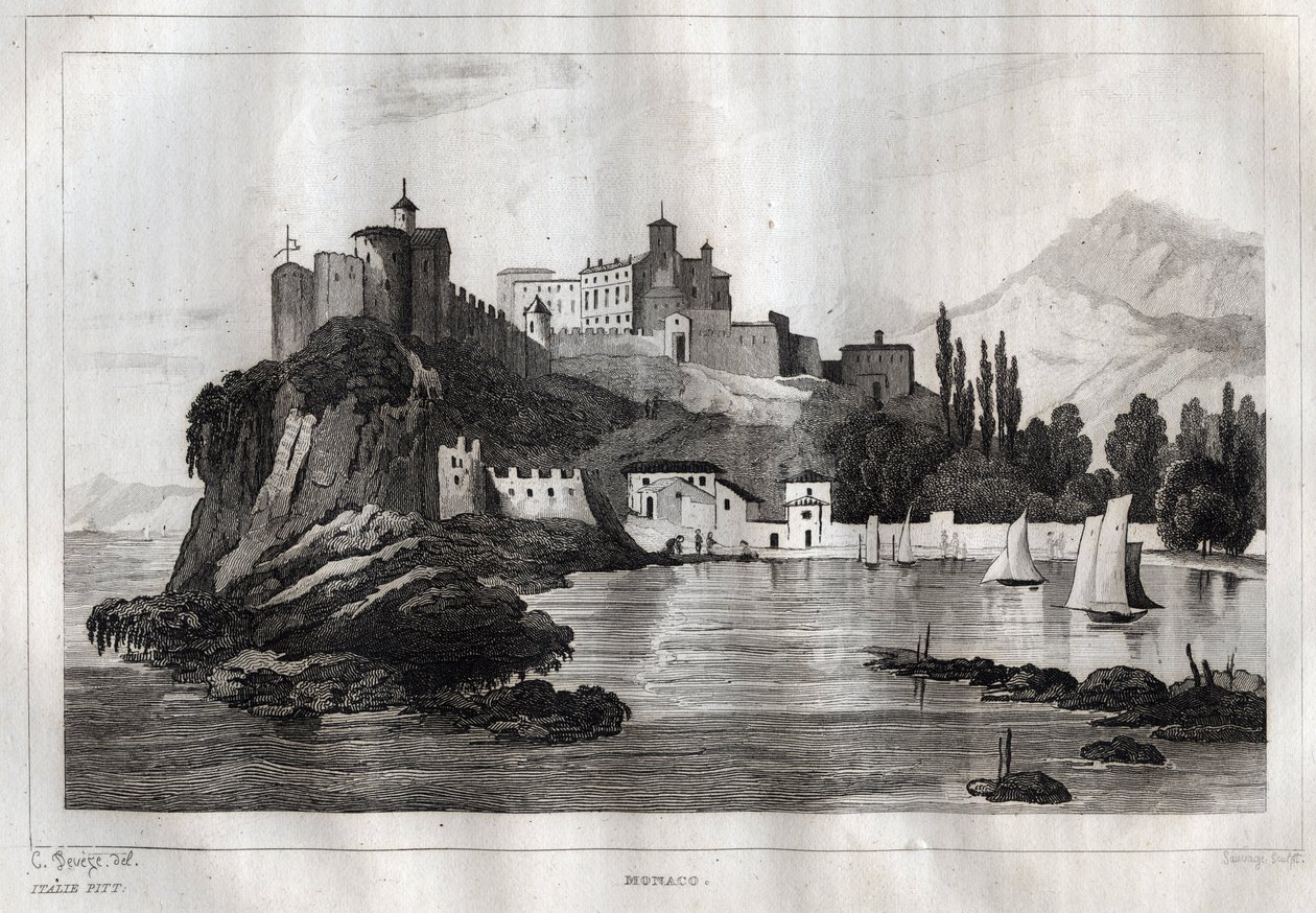 モナコ - M. de Norvins, Ch. Nodier 1834-1836による "Italy Picturesque" - History and Descriptive Painting of Italyからのエングレーヴィング。 作： フランス語学校