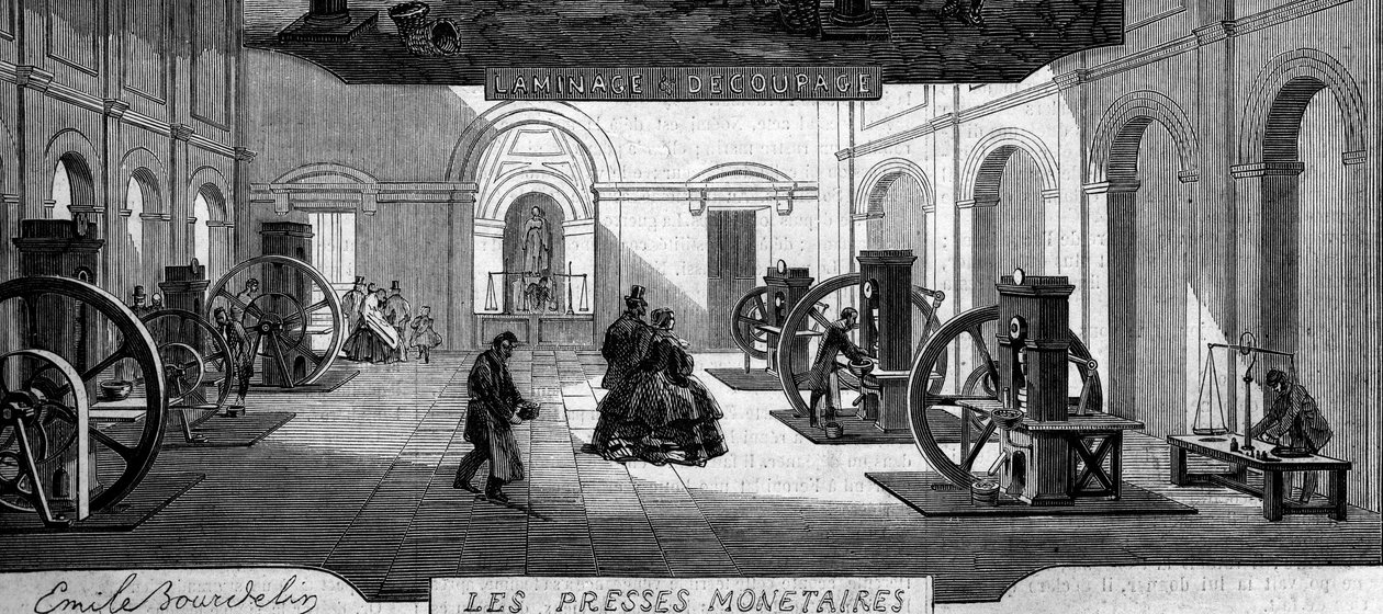 お金を稼ぐ：マネープレスのお店。1860年1月21日付「Le Monde Illustré」145号に掲載された版画。 作： フランス語学校