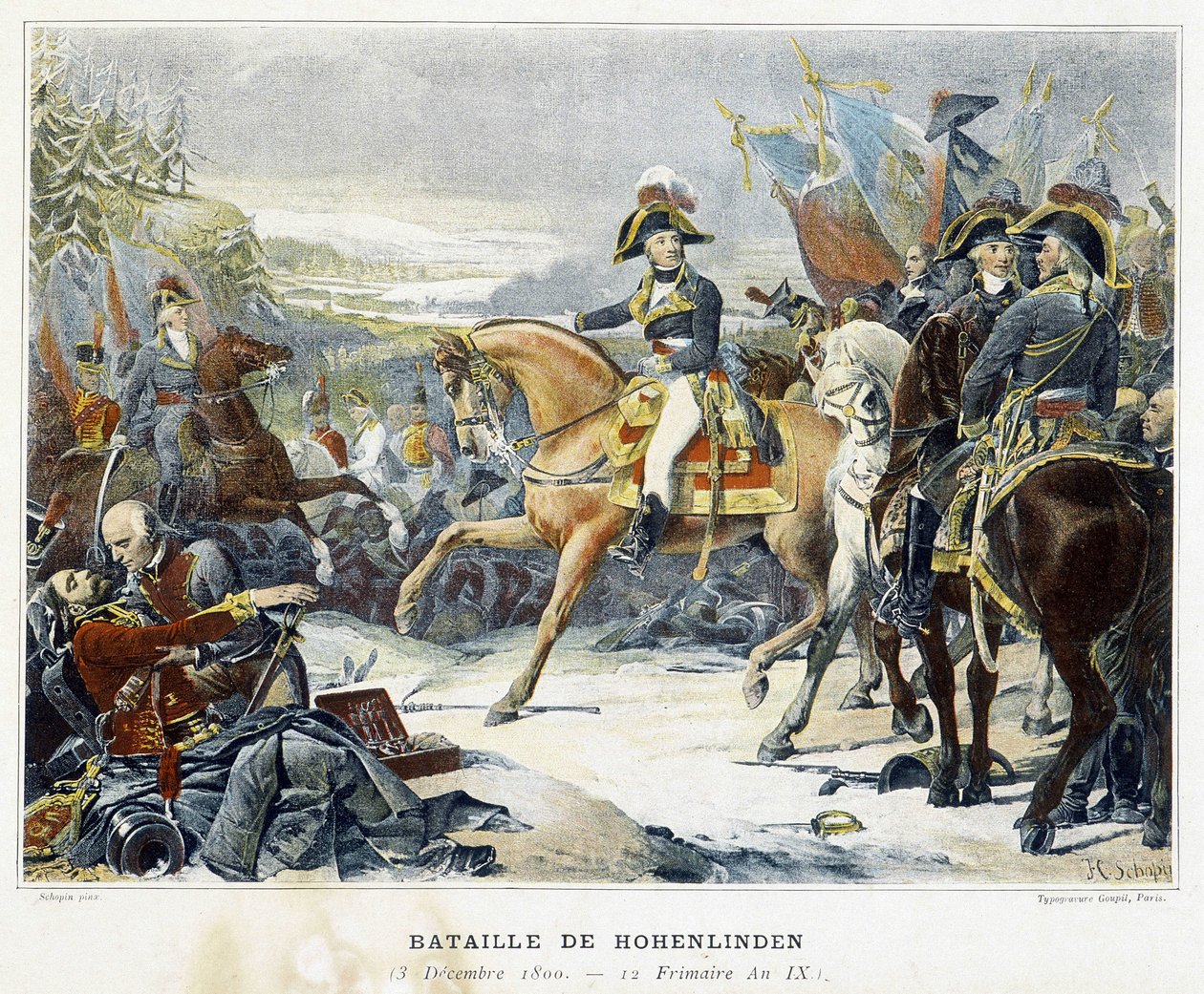 モローは1800年12月3日、ホーエンリンデンの戦い（ドイツ・バヴィエール）でジャン大公が率いるオーストリア軍に勝利した。 作： フランス語学校