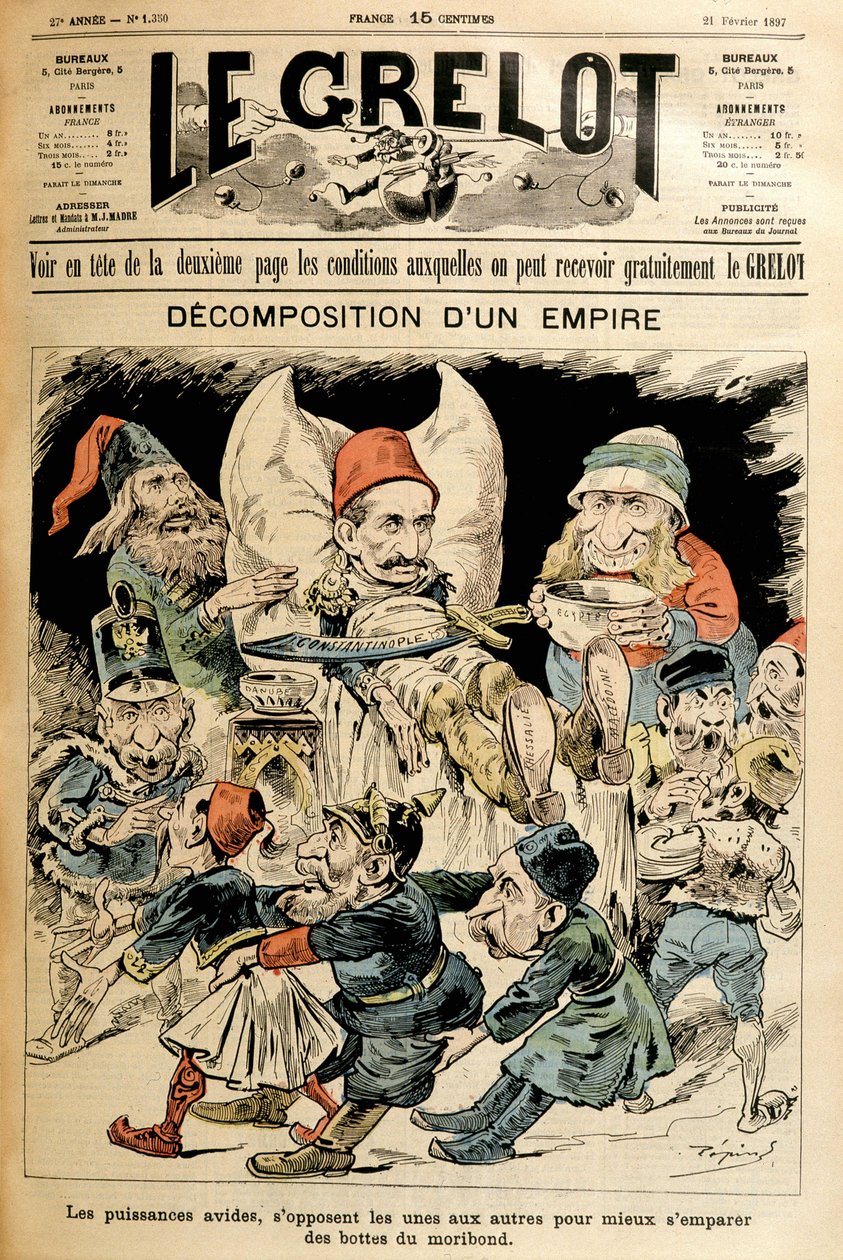 森閑としたトルコと、彼のブーツをめぐって争う外国勢力。表紙は「Le Grelot」1897年2月21日号。 作： フランス語学校