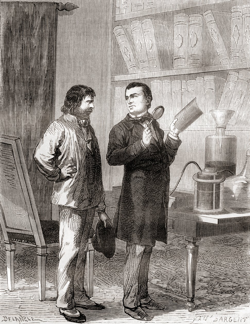 右は1838年にガルバノプラスティック（電気タイピング）を発見したモーリッツ・フォン・ヤコビ（1870年頃に出版された「Les Merveilles de la Science」より）。 作： フランス語学校