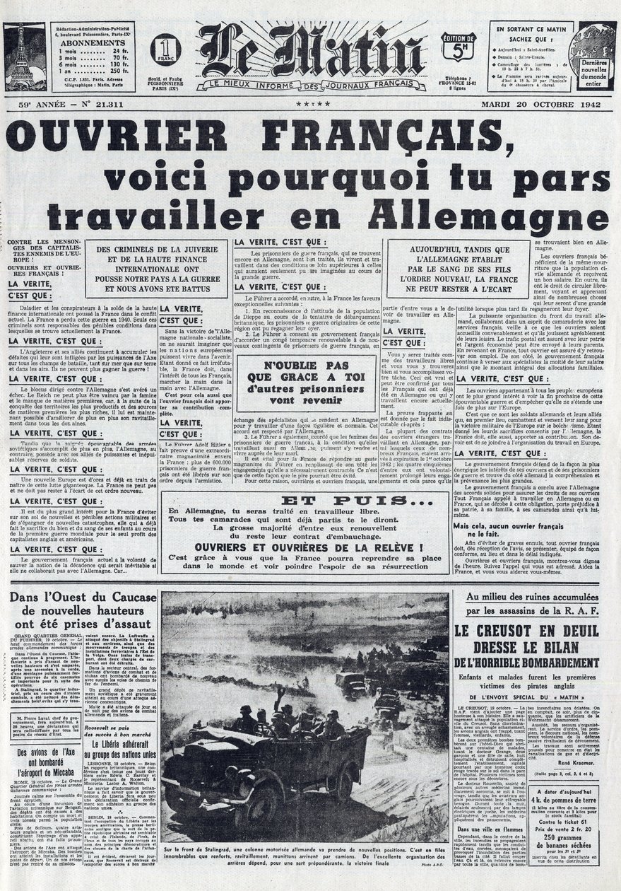 1942年10月20日のモーニングジャーナルNo.21311。The Sto - Compulsory Labour Service - Why go to work in Germany -。 作： フランス語学校