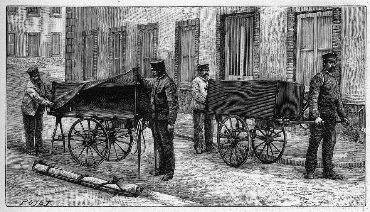 パリの遺体安置所：遺体を安置所に運ぶためのアームカー。ラ・ネイチャー」に掲載された版画。科学とその芸術・産業への応用に関する雑誌」に掲載。 作： フランス語学校