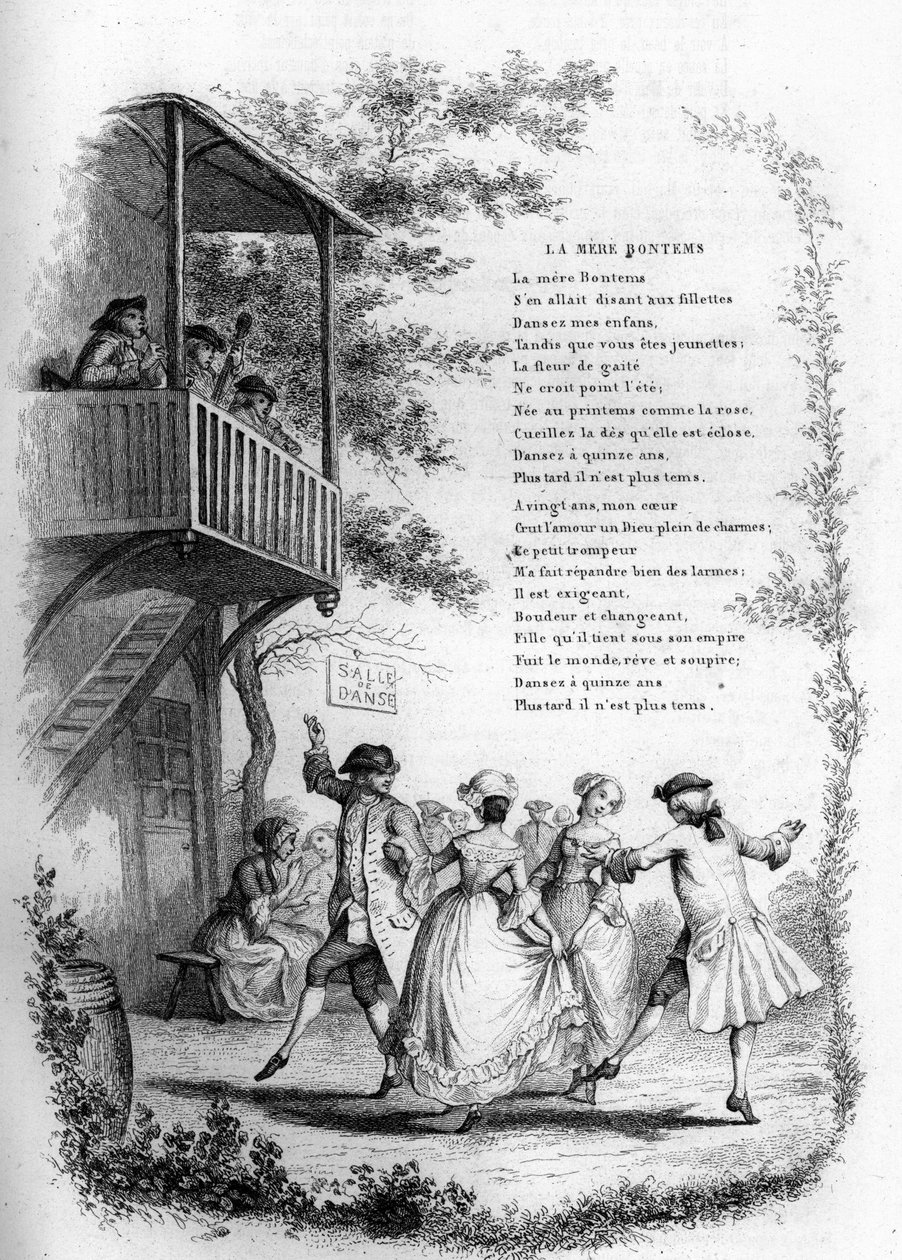 母ボンテムズ（Bontemps）。バルコニーに音楽家がいる村での若いカップルのダンス。Chants et chansons populaire de la France" Tome 2 の刻印 作： フランス語学校