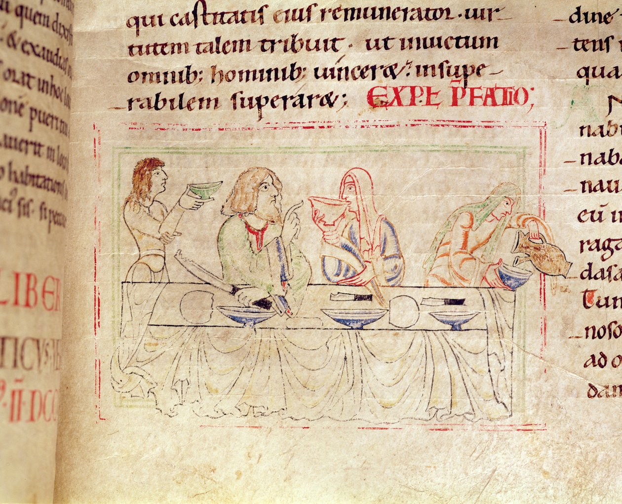 Ms.1215 t.3 fol.158v、食事とジュディスとホロフェルネス、エティエンヌハーディングの聖書、1109 作： フランス語学校