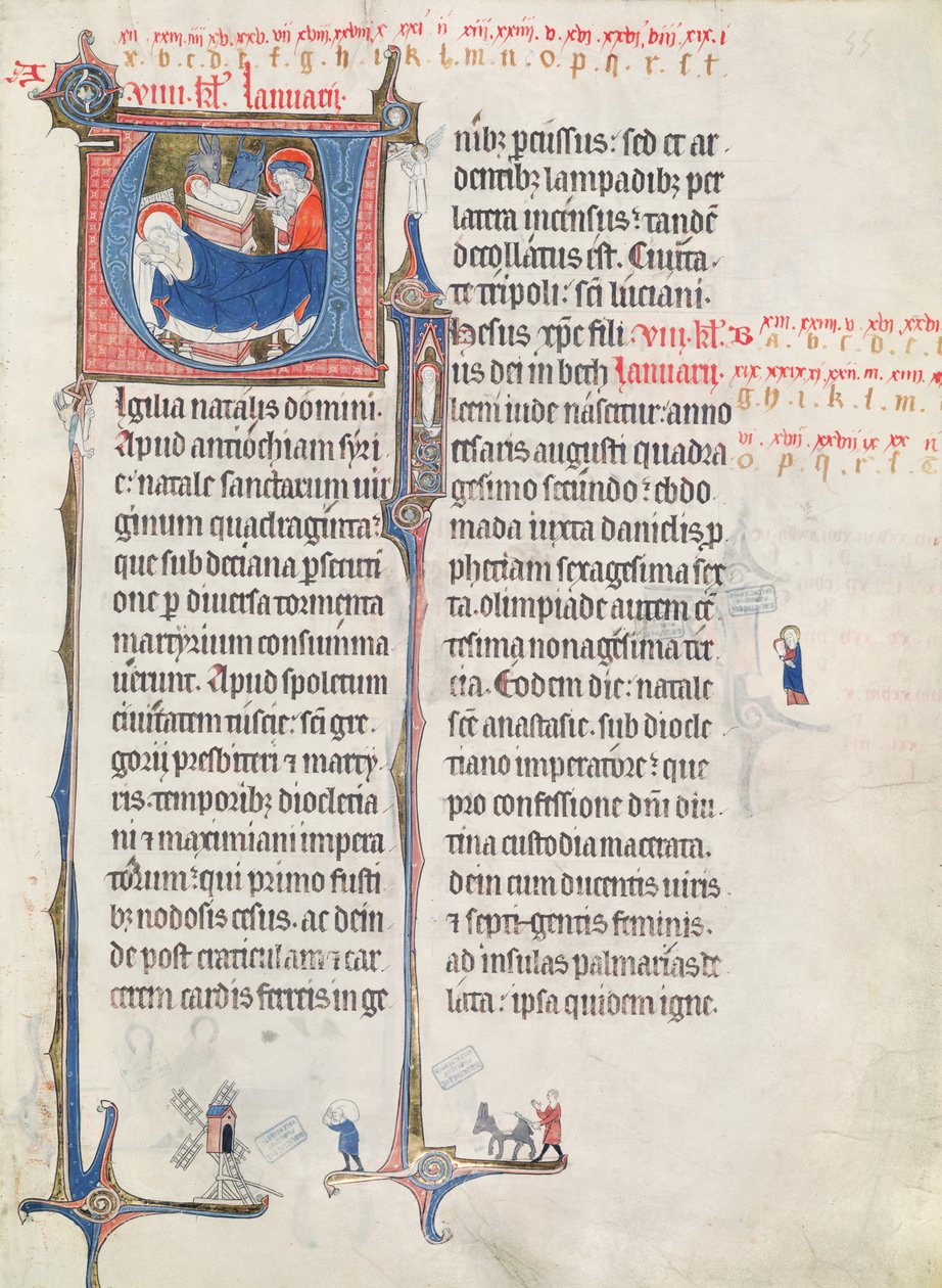 Ms.838 fol.55 1270年以降の &39;Obituaire de Notre Dame de Pres&39;からのキリスト降誕のイニシャル &39;U&39;と &39;I&39;によるキリスト降誕と幼児キリストの描写（155905も参照） 作： フランス語学校