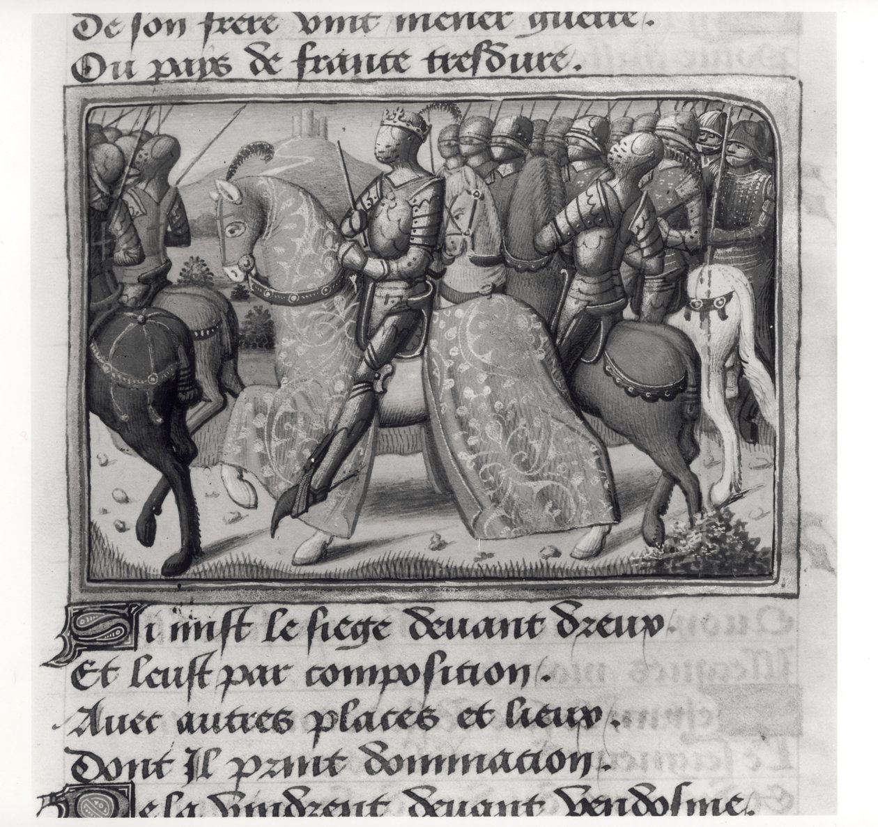 Mr.Fr.5054 fol.26 rシャルル7世（1403-61）とドリューの包囲でのジャンヌダルク、レヴィジルドシャルル7世、マルティアルドーベルニュまたはパリ（1430-1508）1484作 作： フランス語学校