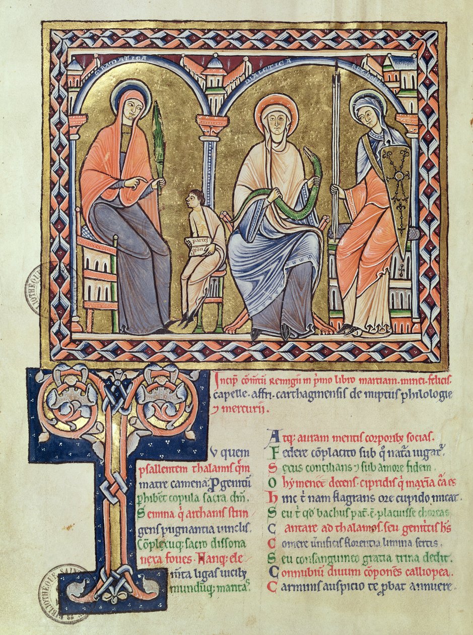 Ms 1041 f.1v Martianus CapellaによるSatyriconの文法、方言、レトリック、c.1200 作： フランス語学校
