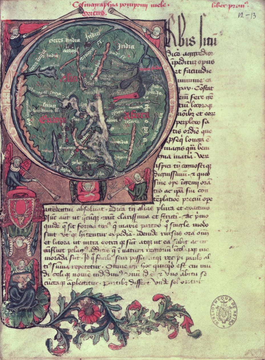 Ms 1321 fol.12 Mela（fl.c.50 AD）1418による「状況の世界からの地球を描いた歴史的な初期の &39;O&39;」 作： フランス語学校