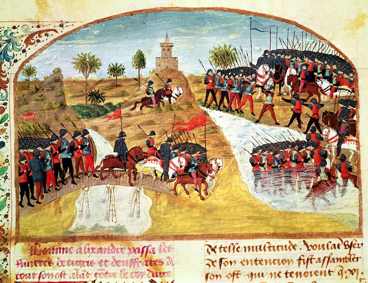 Ms 1335 f.62vアレクサンドル大王（紀元前356-323年）がヴィーダレクサンドルルグランドからチグリス川とユーフラテス川を横断した方法 作： フランス語学校