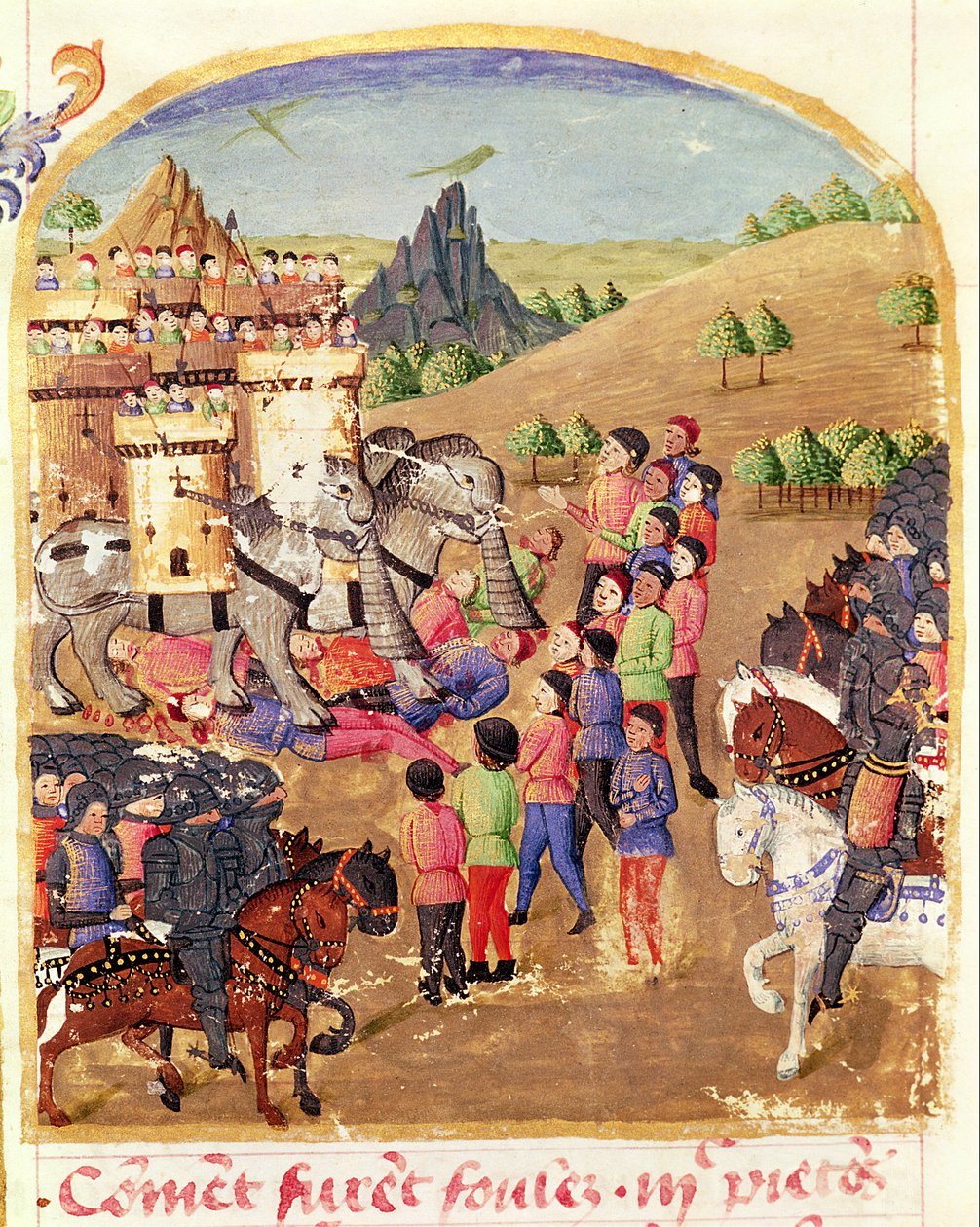 Ms 1335 fol.217 Vie dAlexandre le GrandのElephants of War 作： フランス語学校
