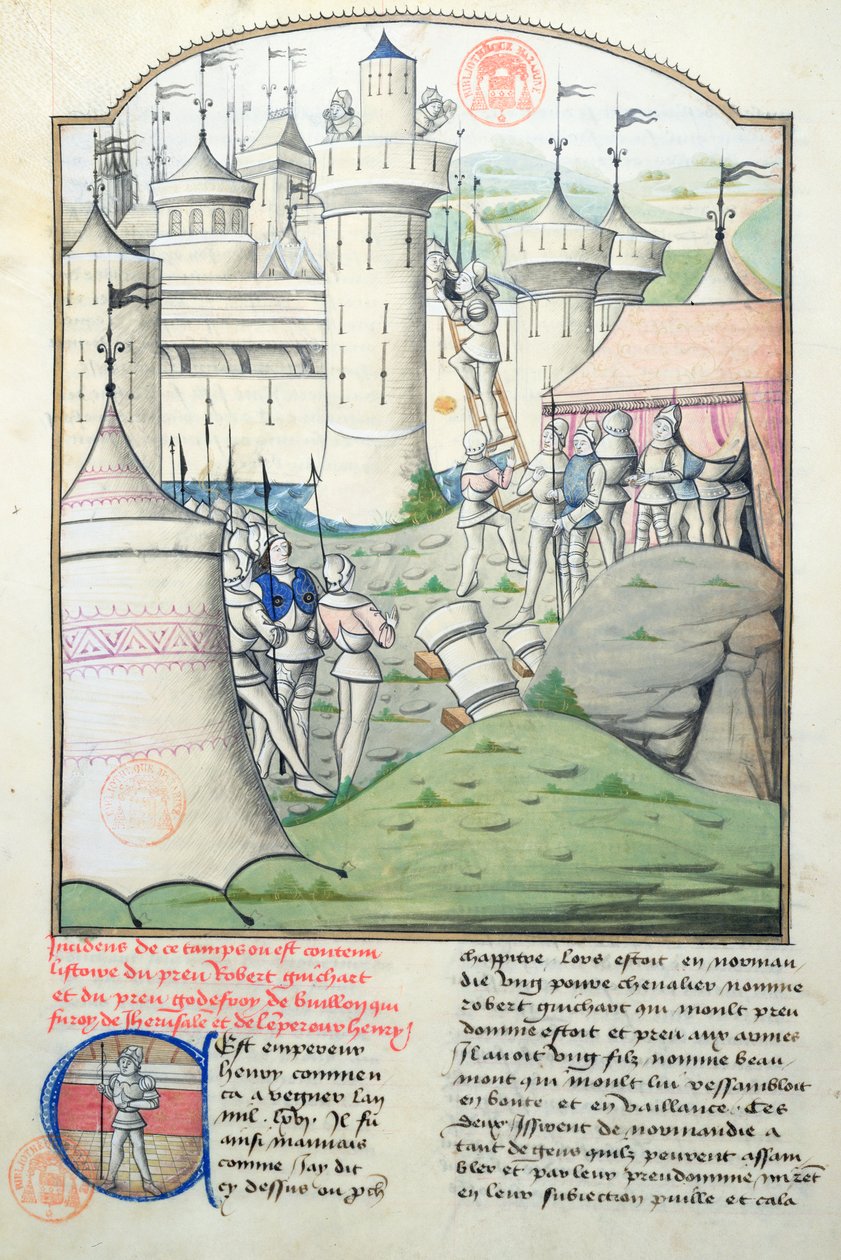 Flour des Histoiresのミニチュア、第1十字軍の時のGodfrey de Bouillonと十字軍による1099年のエルサレムの1560年捕獲 作： フランス語学校