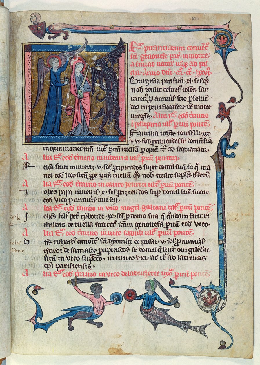 サンジュヌヴィエーヴ修道院出身のMs 16261 fol.13v聖ジュヌヴィエーヴ、天使の助けを借りて悪魔と戦う 作： フランス語学校