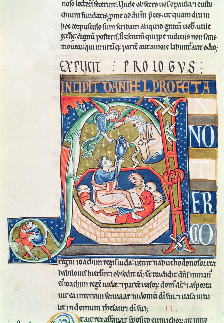 Ms 1 fol.185vスヴィニー聖書からライオンズデンでダニエルを描いた歴史的な頭文字A 作： フランス語学校