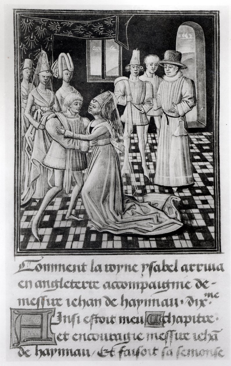 Ms. 1 fol。 6 vイギリスの女王であるフランスのイザベラがFroissarts Chronicleからハイナウト伯ウィリアム1世を去る 作： フランス語学校