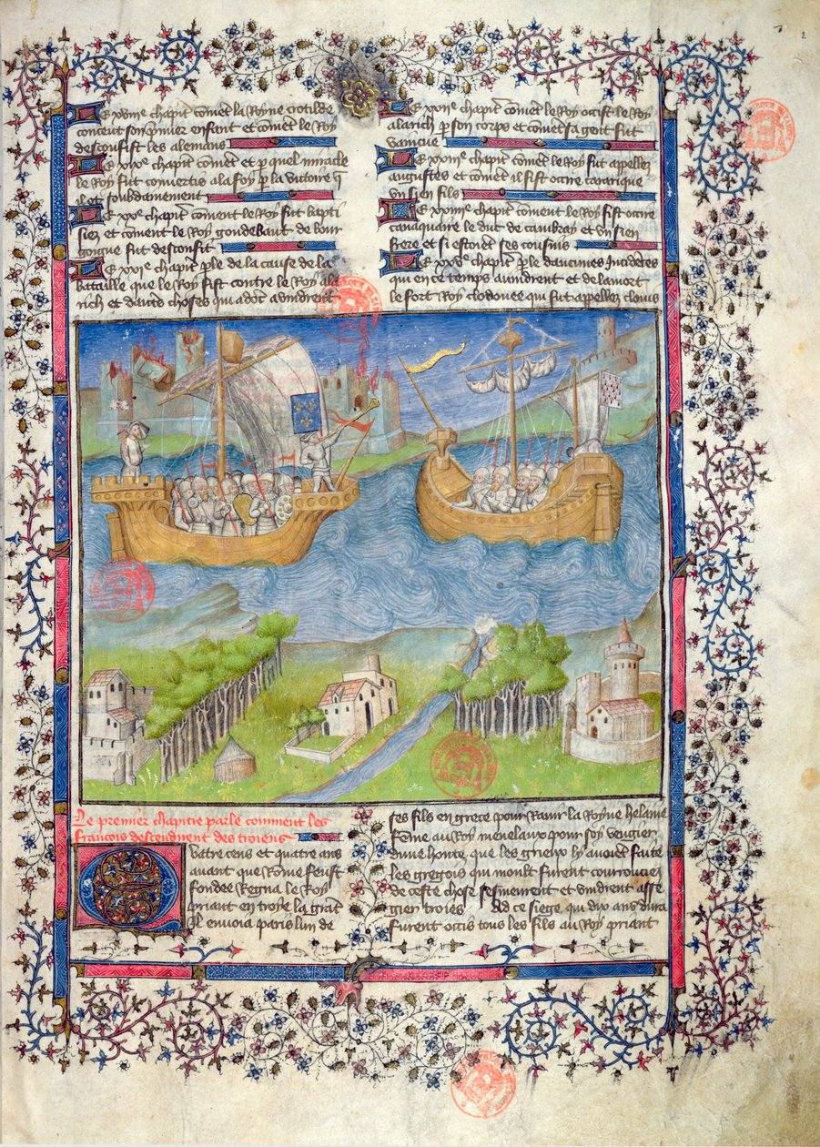 Ms 2028 fol。 2フランス国民のトロイの木馬、Grandes Chroniques de Franceから 作： フランス語学校