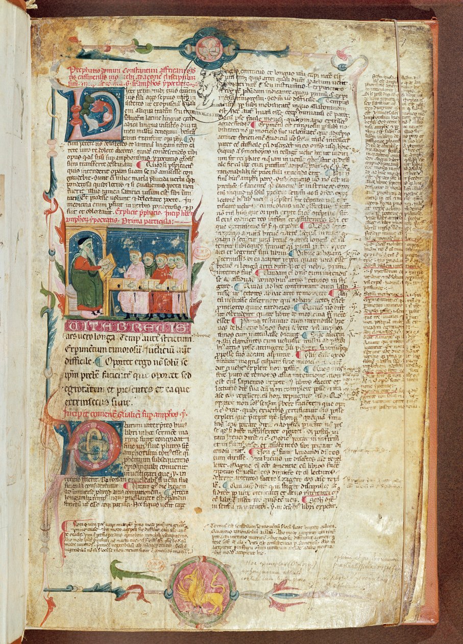 Ms. 2046 fol。 1指導シーン、ヒッポクラテスの格言の最初のページ、ガレンのコメント付き 作： フランス語学校