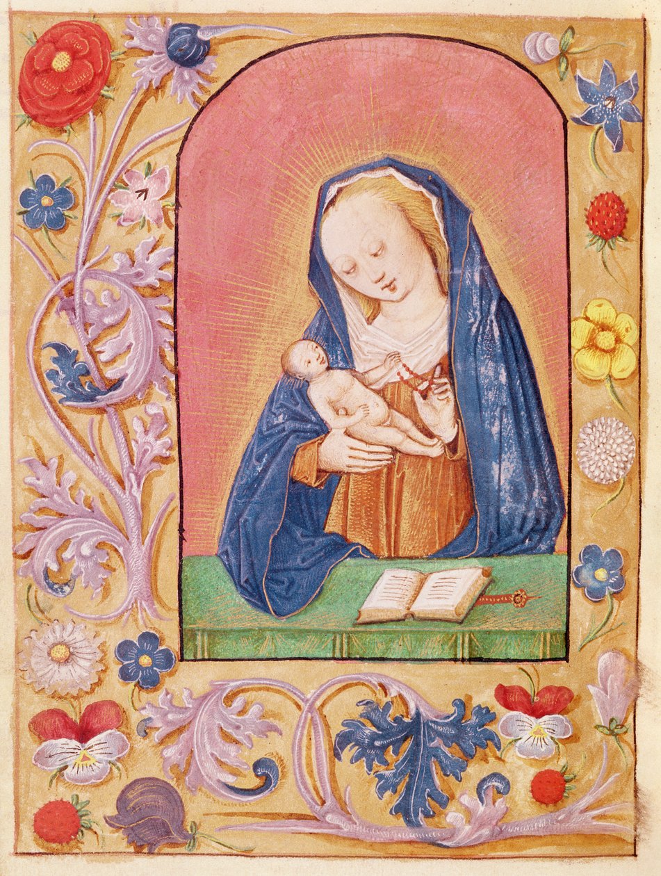 Ms 20 fol.42v 15世紀初頭の 『時間の書』のロザリオと遊ぶ聖母子 作： フランス語学校