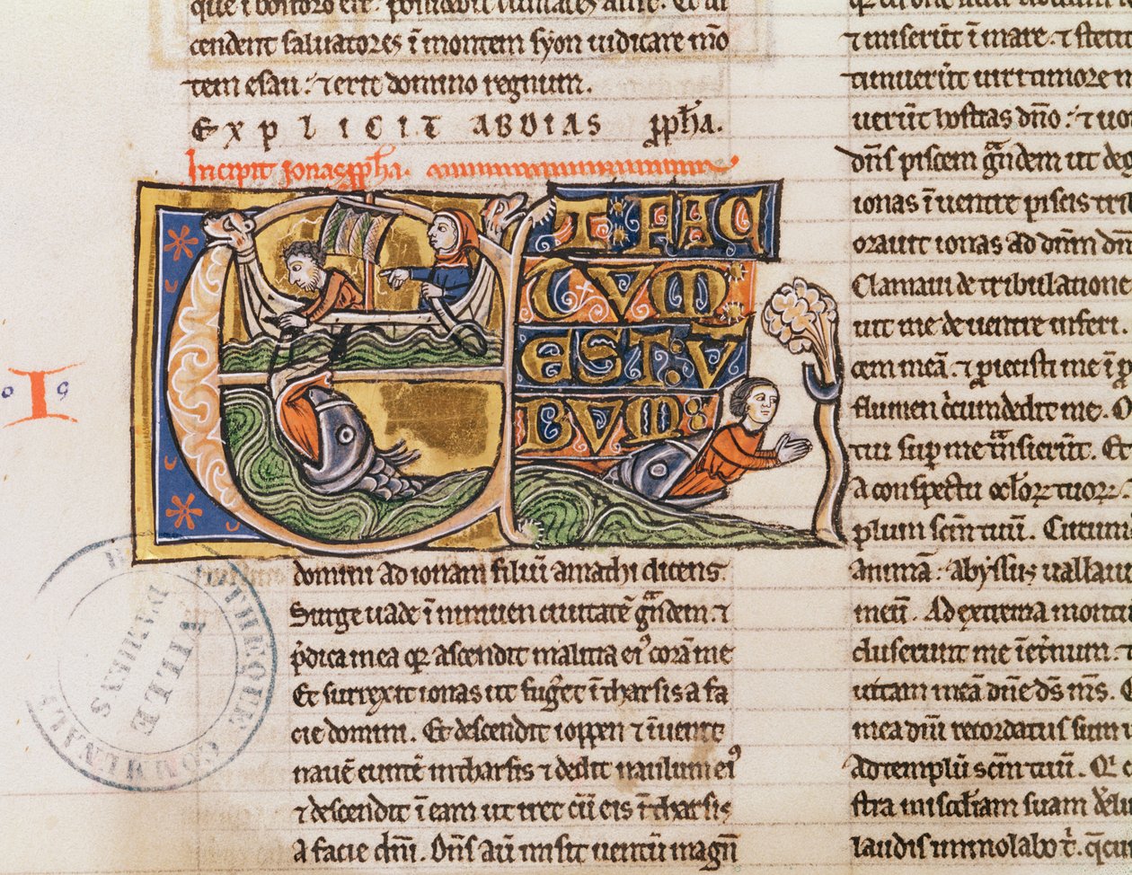Ms 21 Fol.163v不特定の聖書から、ヨナが海に投げ込まれたことを描いた歴史的イニシャルE 作： フランス語学校