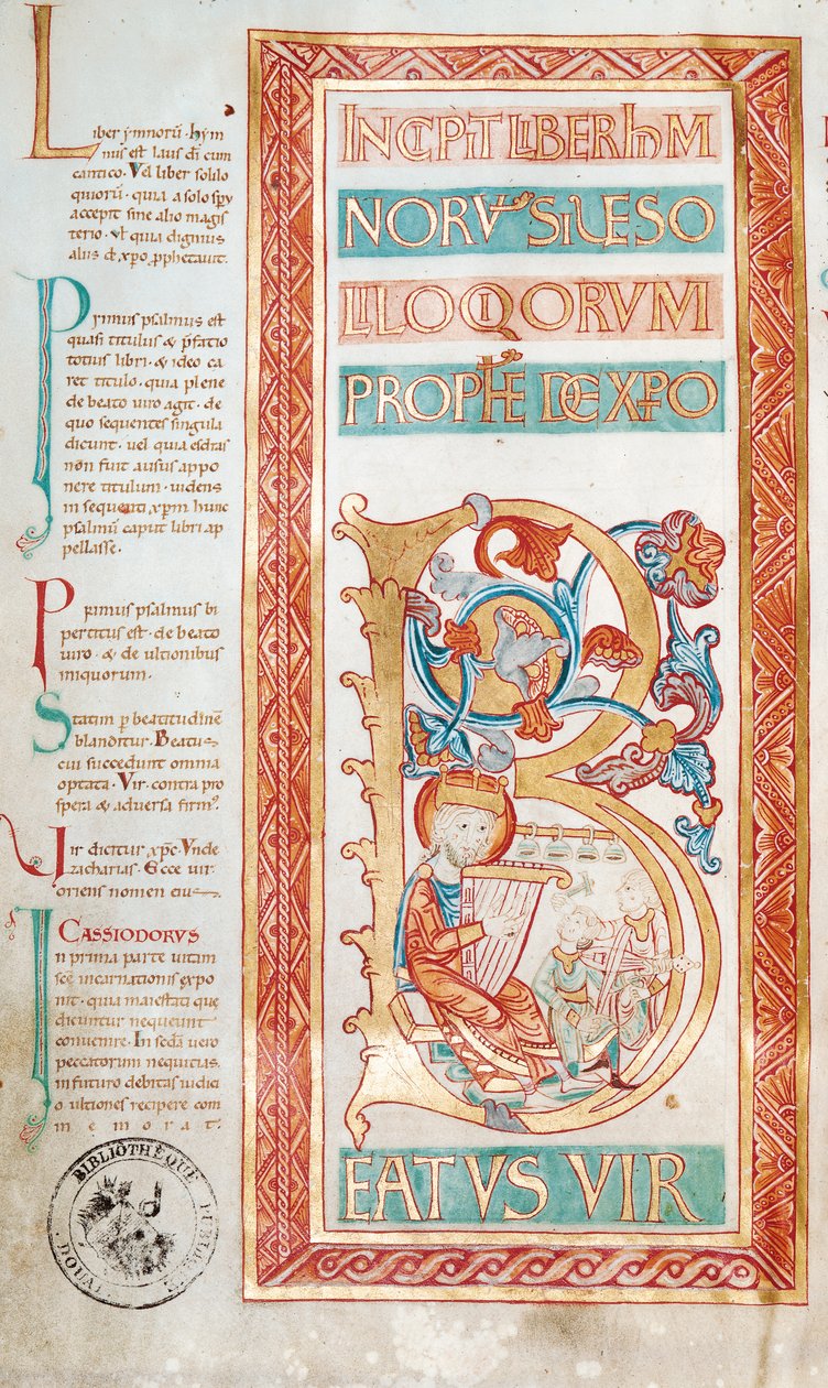 Ms 232 f.3v詩篇集からの、ダビデ王を描いた歴史的イニシャルB 作： フランス語学校