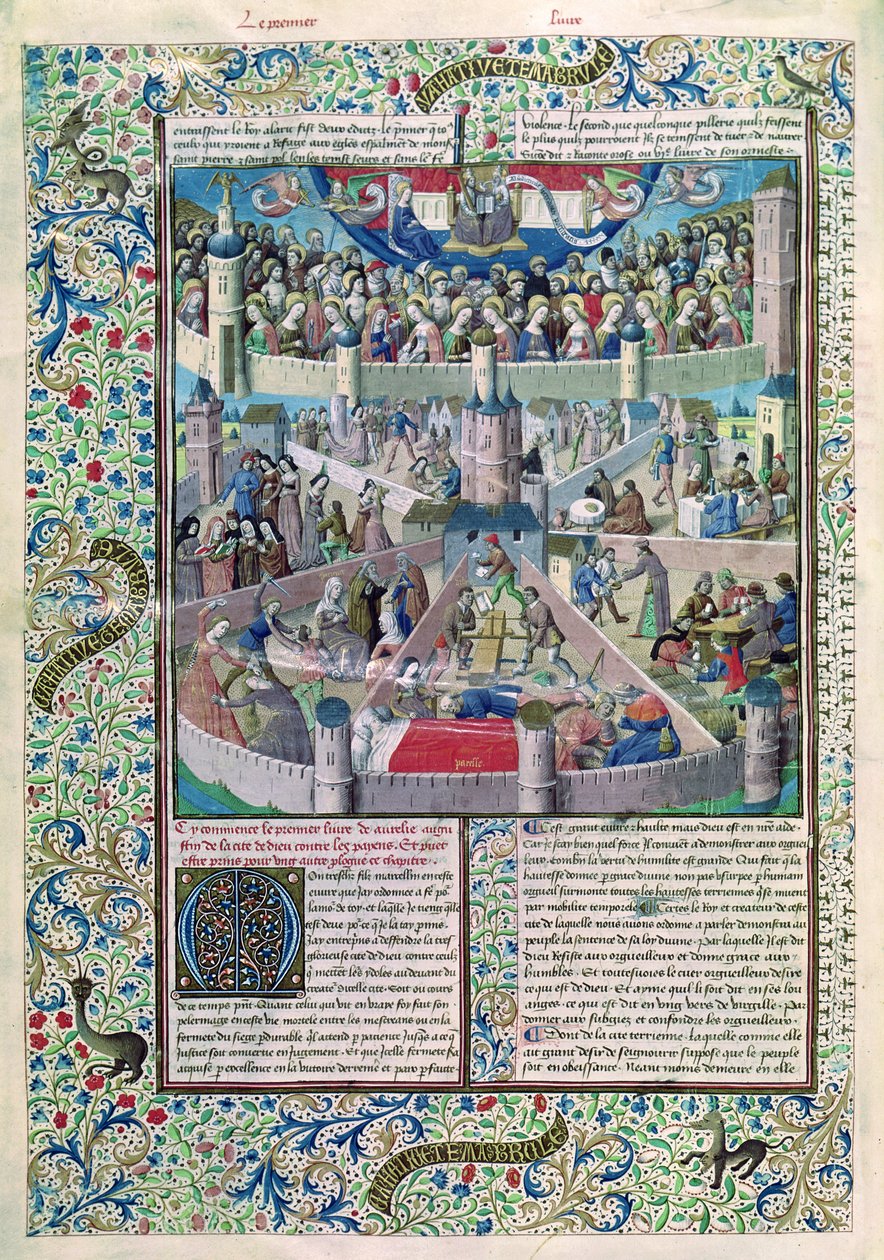 Ms 246 fol.3v Vices and Virtue on Earth、from De Civitate Dei by St. Augustine of Hippo（354-430） 作： フランス語学校