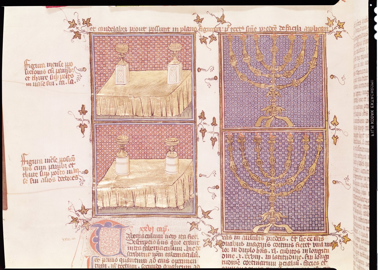 Ms 290 Tome 1 f.89v Nicolas de LyreによるPostilles sur la Bibleの供物と本枝の燭台の表 作： フランス語学校