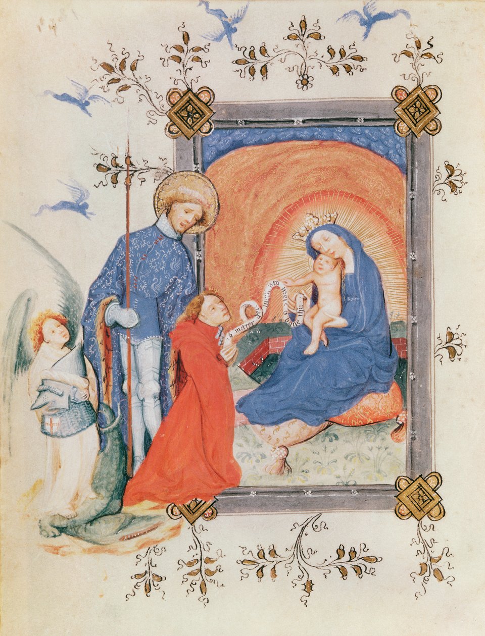 3024 fol.12v Ms Virgin and Child with a Kneeling Man and St. George、from a Book of Hours 作： フランス語学校