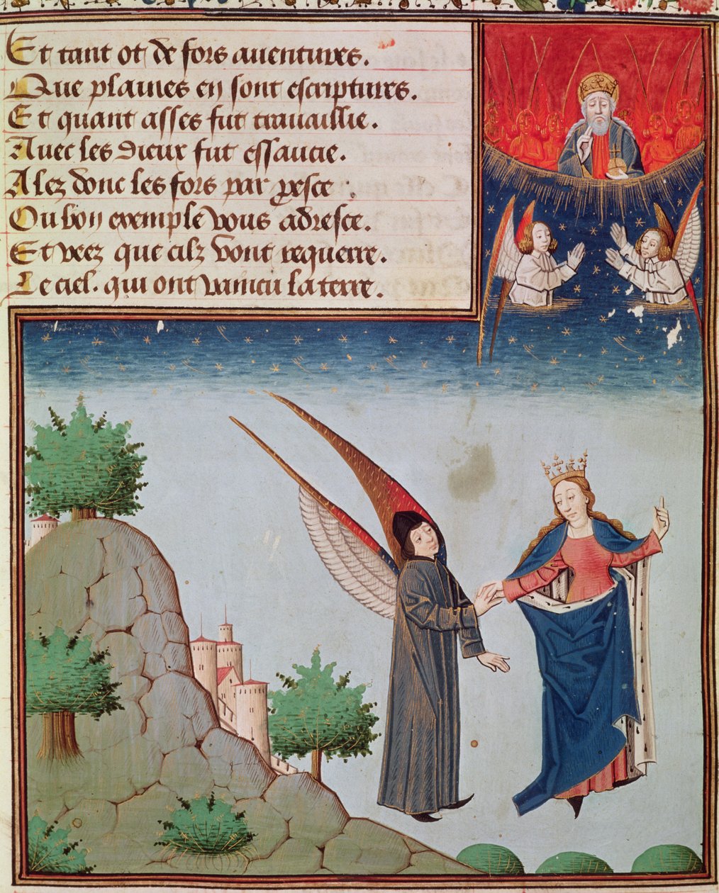 Ms 3045 fol.94rレディフィロソフィーは、飛行中のボエティウスを彼女が彼に与えた翼の上の空に導きます。父なる神が祝福を仰ぐ 作： フランス語学校