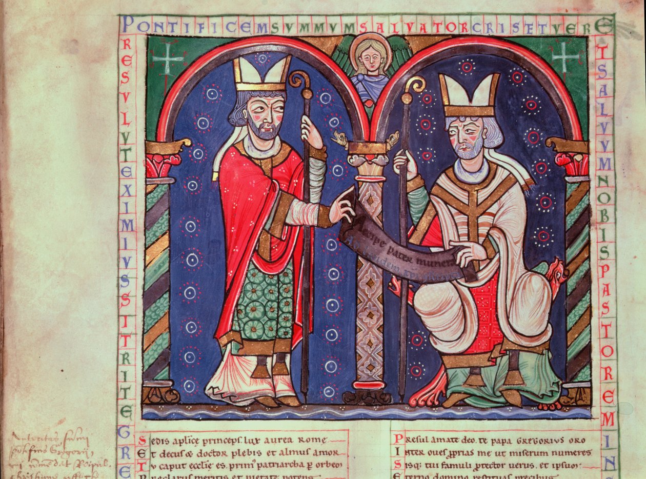 Ms 3401 fol.39v Rabanus Maurus（c.780-856）Anchin Abbeyから教皇グレゴリー1世（540-604）に本を提供 作： フランス語学校