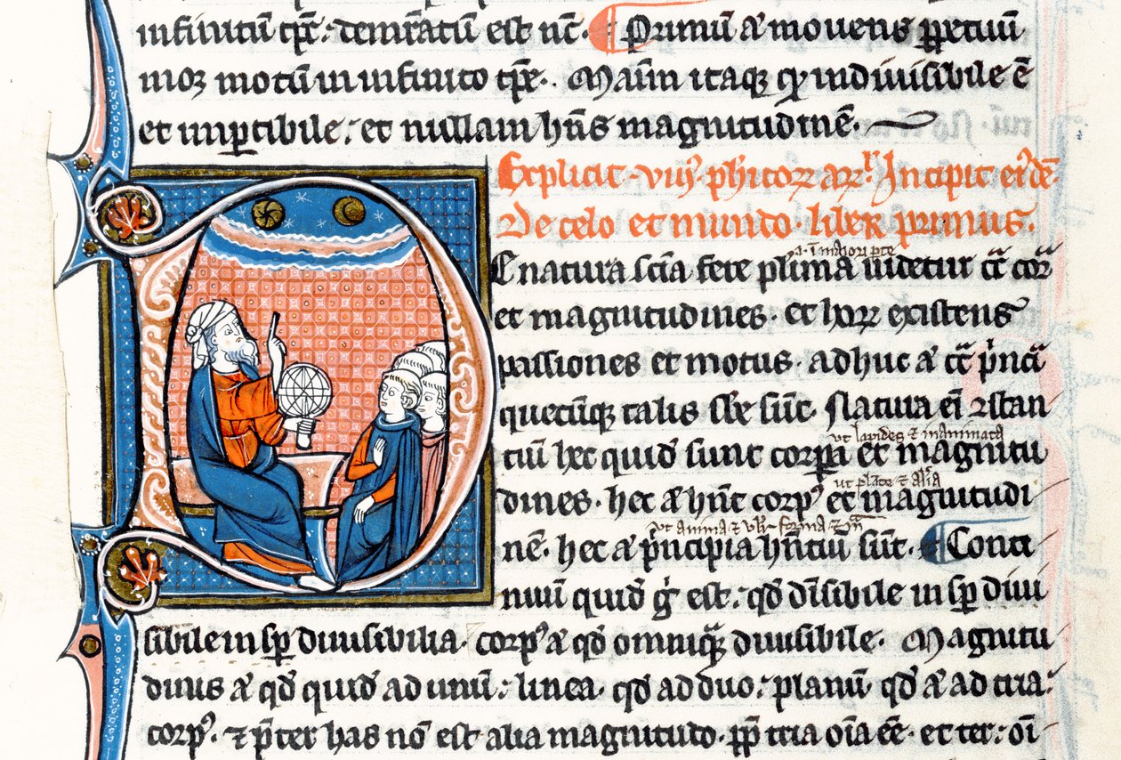 Ms 3458 fol 62voヒストリーテッドの頭文字Dは、アリストテレスが天球を持ち、西ヨーロッパの聖職者のグループ（ペンとインクとベルのテンペラ）を教えているときに天を指していることを表しています。 作： フランス語学校