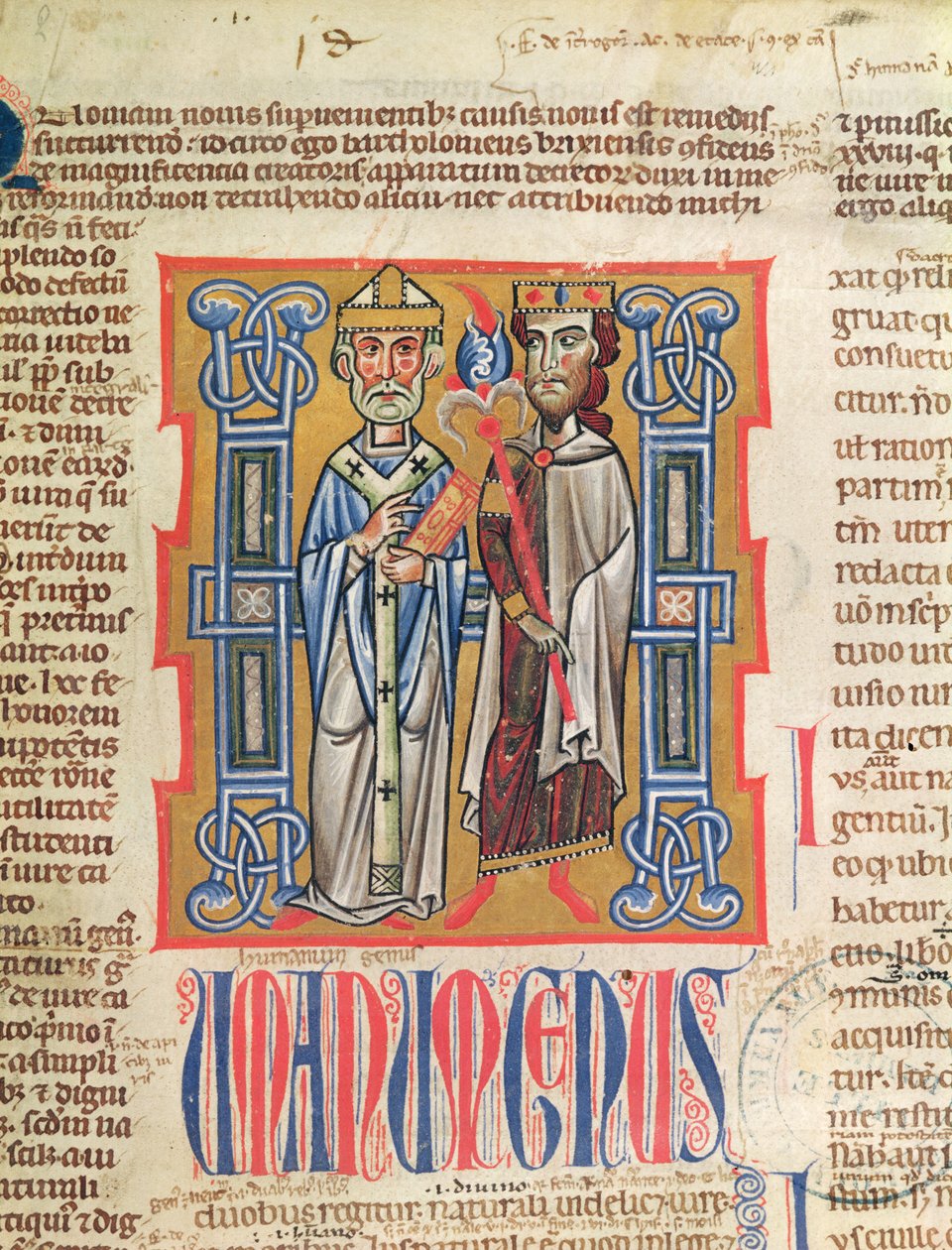 Ms 354 fol.9 14世紀のDecretum Gratianiの司教と王のミニチュア 作： フランス語学校