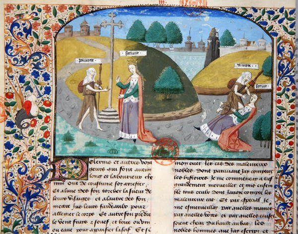 Ms 3878 ジョヴァンニ・ボッカッチョ(1313-75)の「De Casibus Virorum Illustrium」からの挿絵「Poverty and Fortune」(vellum) 作： フランス語学校