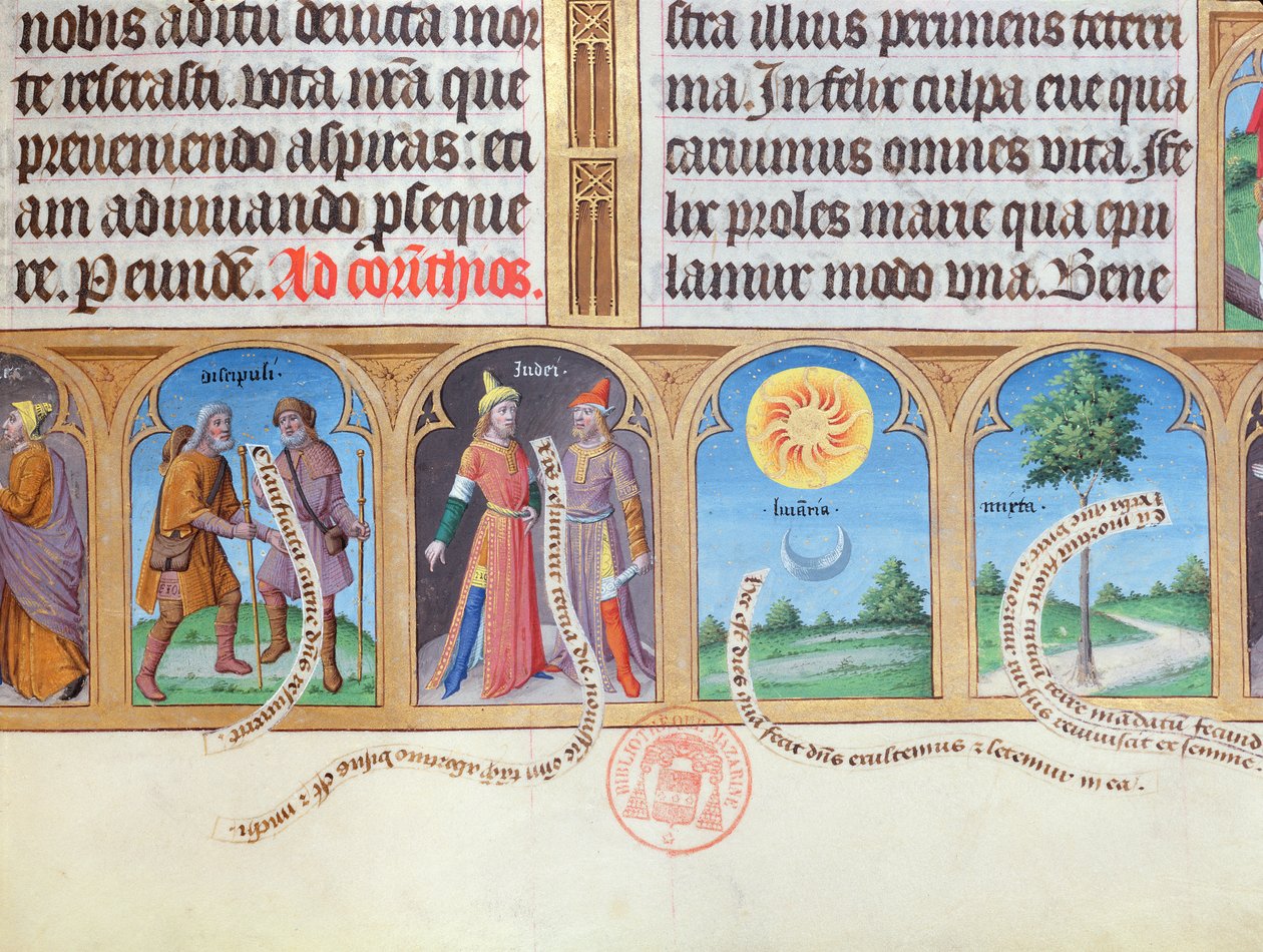 Ms 412 Book of Hours、ユダヤ人巡礼者のイラスト付き。太陽と月とマートル 作： フランス語学校