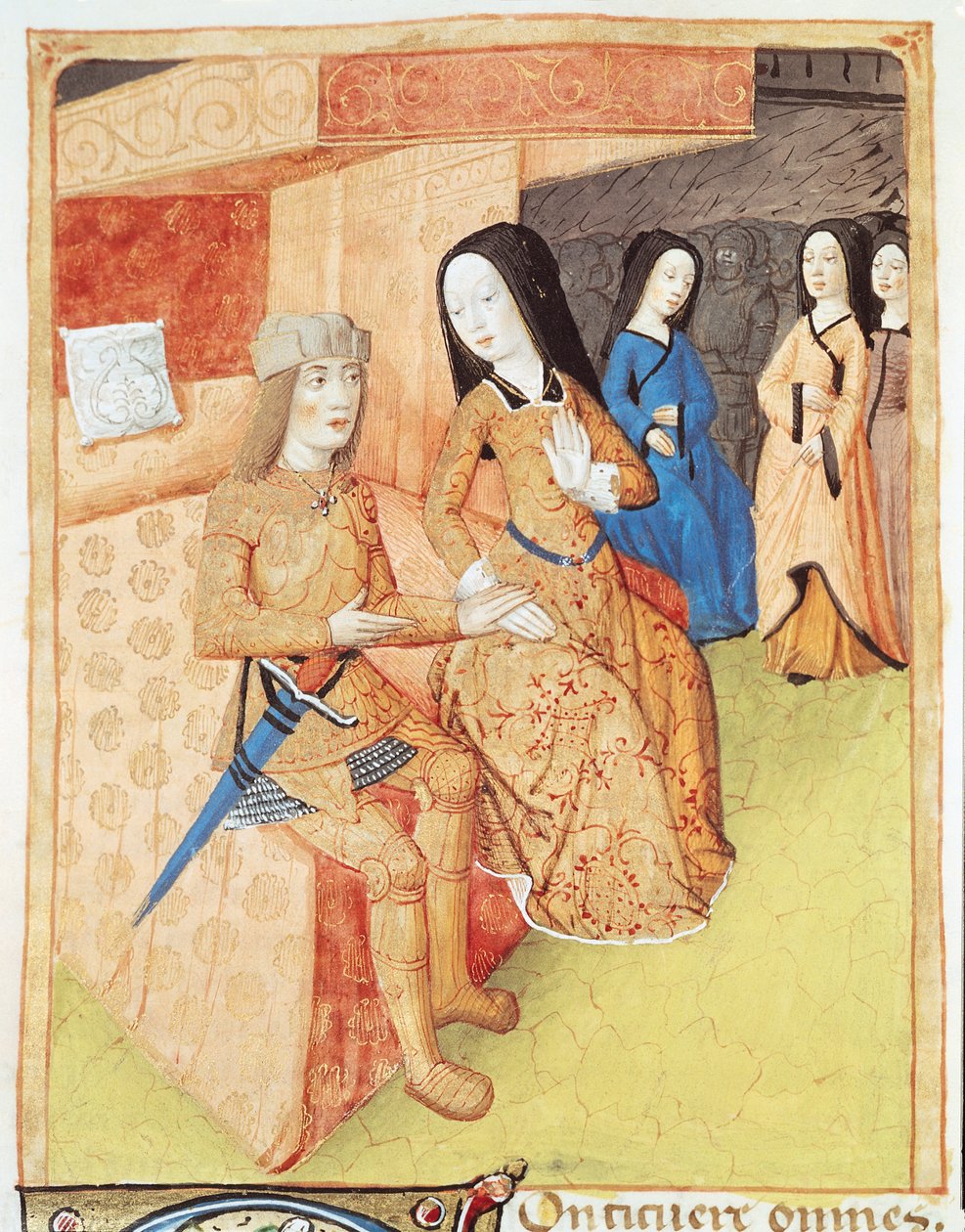 Ms 493 f.74v Aeneas and Dido、ヴァージルの作品（紀元前70-19年）1469 作： フランス語学校